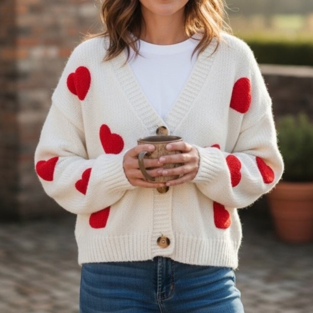 NWT Luna Ivy Cropped V-Neck Cardigan Sweater Size MEDIUM Heart Valentines NEW
